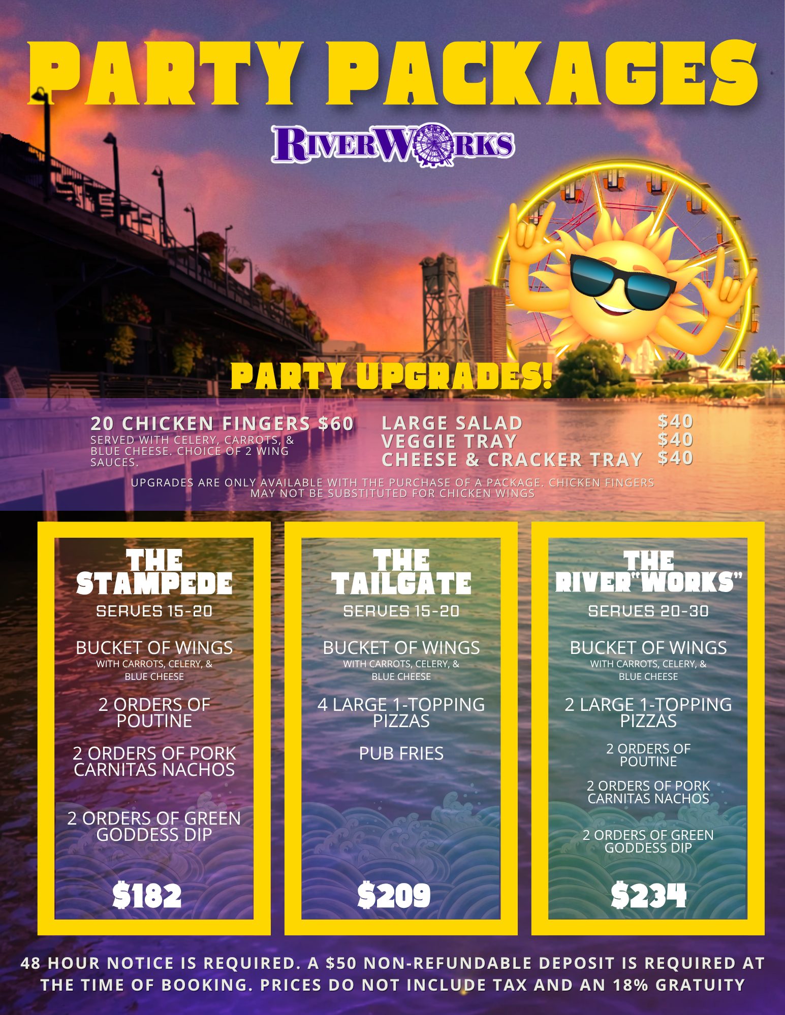 Buffalo RiverWorks 2026 party packages summer edition sheet listing The Stampede, The Tailgate and The RiverWorks packages with prices and upgrades