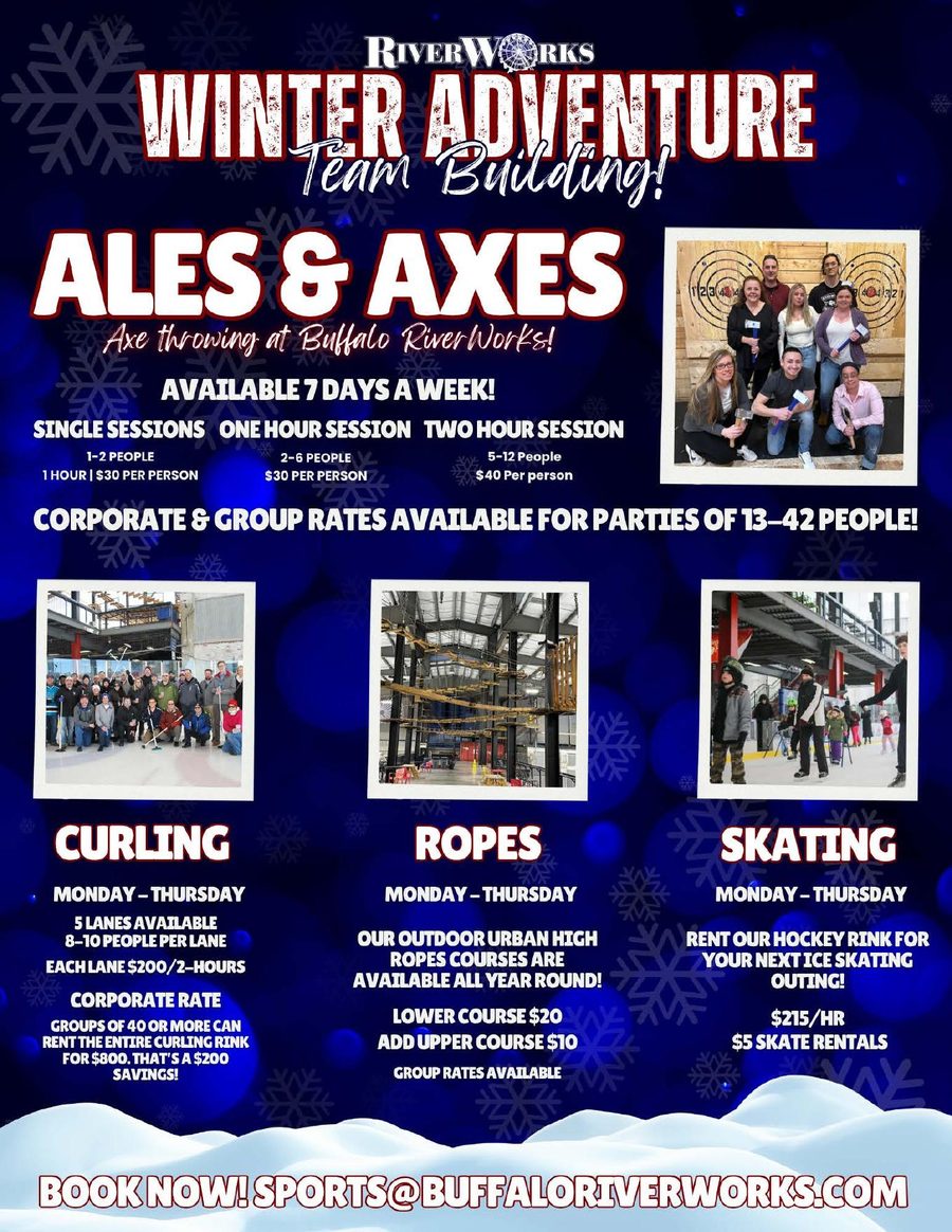 Buffalo RiverWorks Winter Adventure Team Building package flyer featuring Ales and Axes, curling, ropes, and skating packages