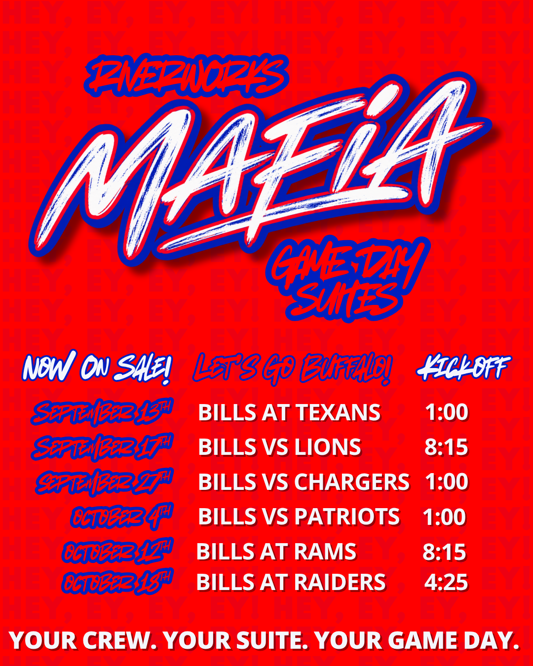 RiverWorks Mafia Game Day Suites 2026 schedule: six Buffalo Bills game days with kickoff times