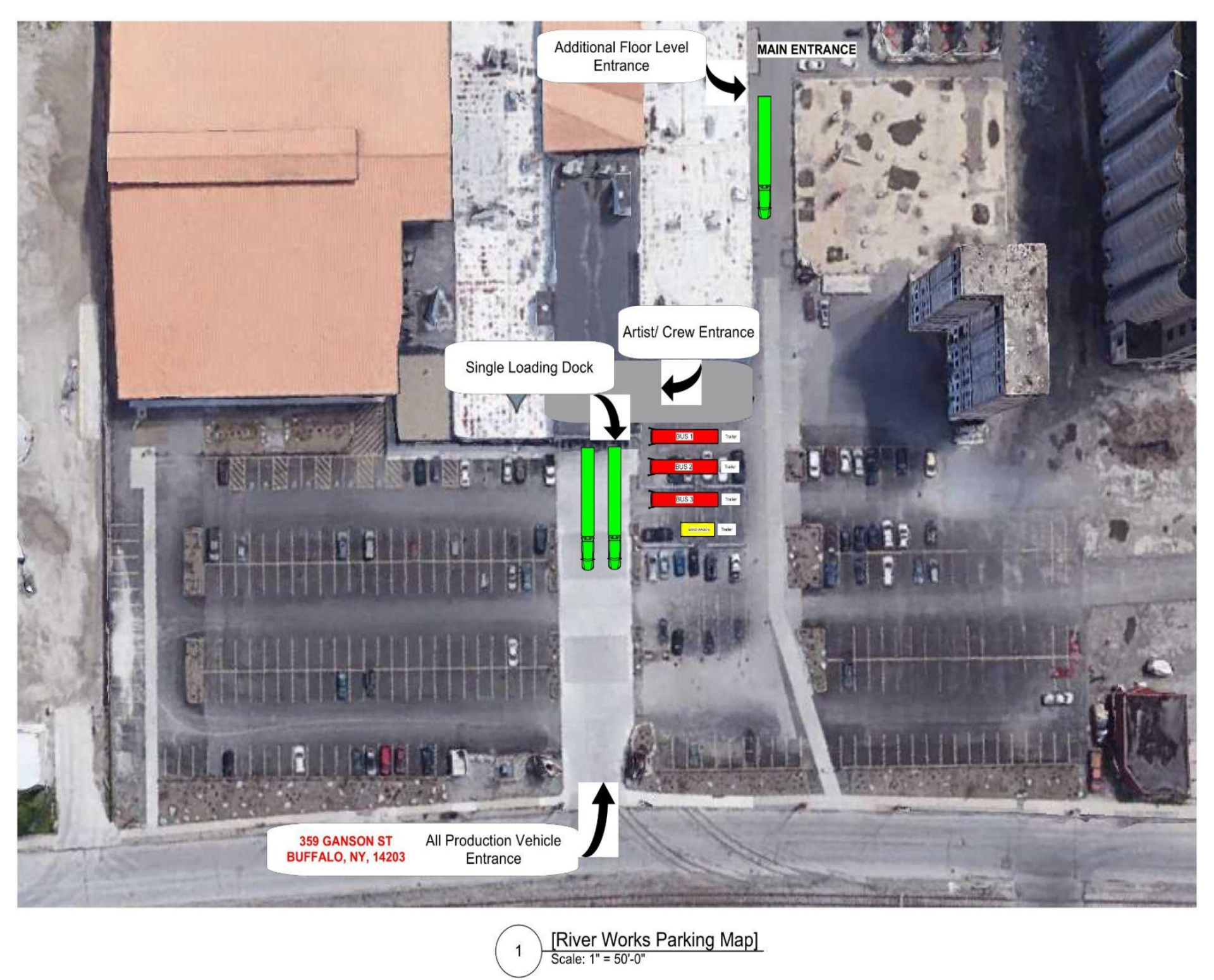 Aerial load-in and parking map for Buffalo RiverWorks at 359 Ganson St showing the main entrance, additional floor level entrance, artist and crew entrance, single loading dock, tour bus and trailer parking, and the production vehicle entrance.