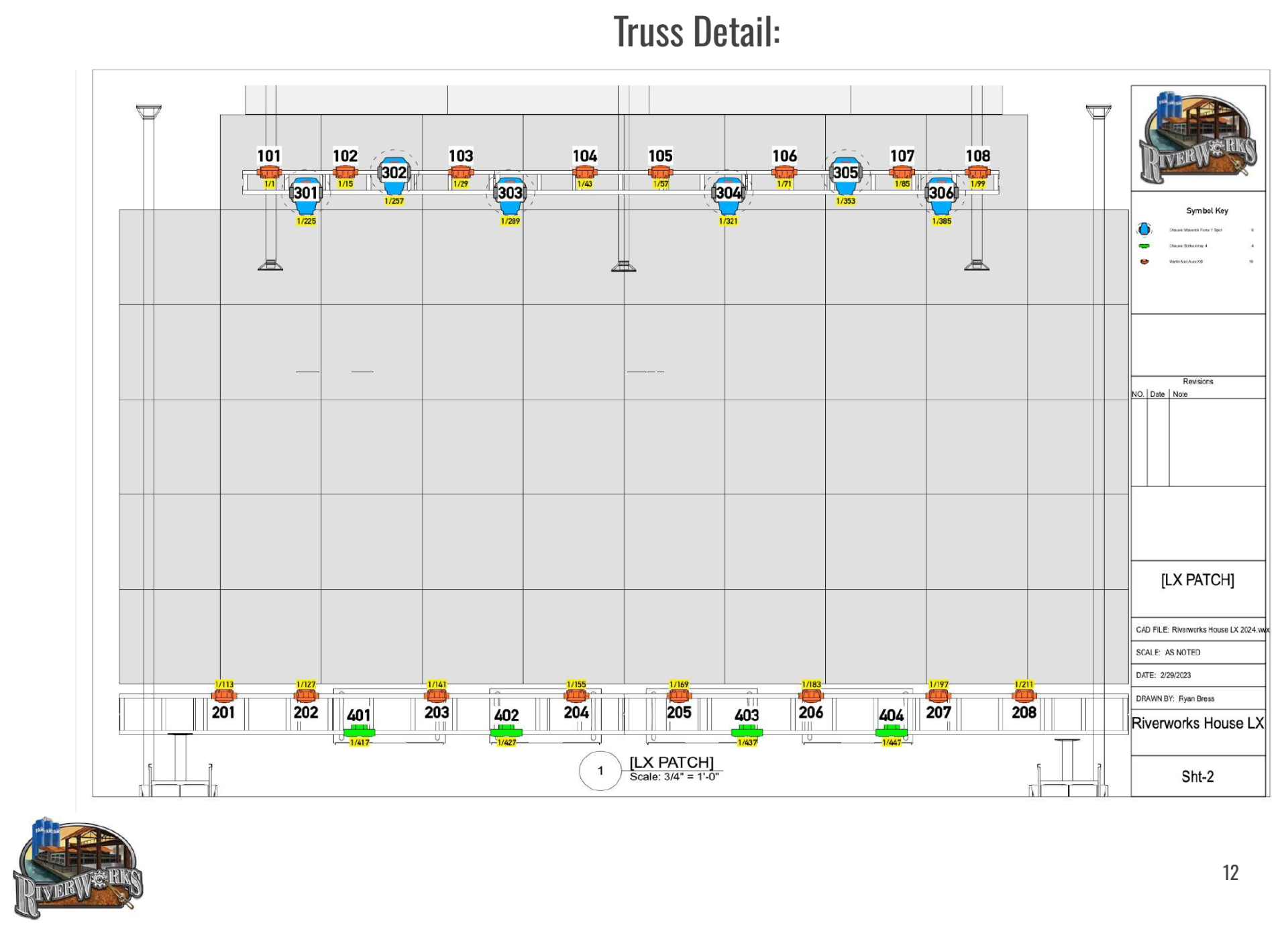 RiverWorks house lighting patch diagram showing fixture positions 101 to 108 and 201 to 208 on upstage and downstage truss with channel numbers.