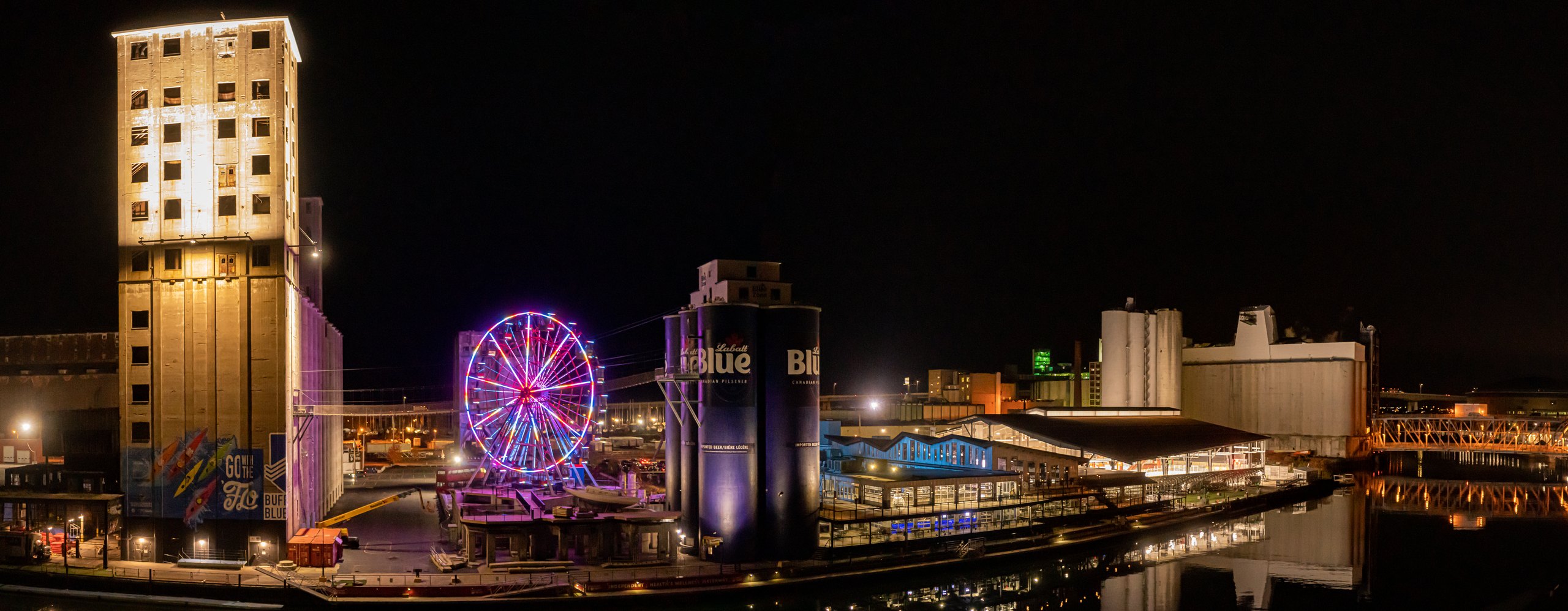 Buffalo RiverWorks lit up at night along the Buffalo River