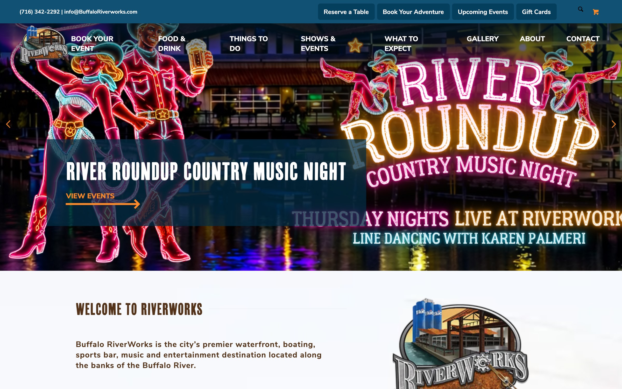 The Buffalo RiverWorks homepage on a desktop screen