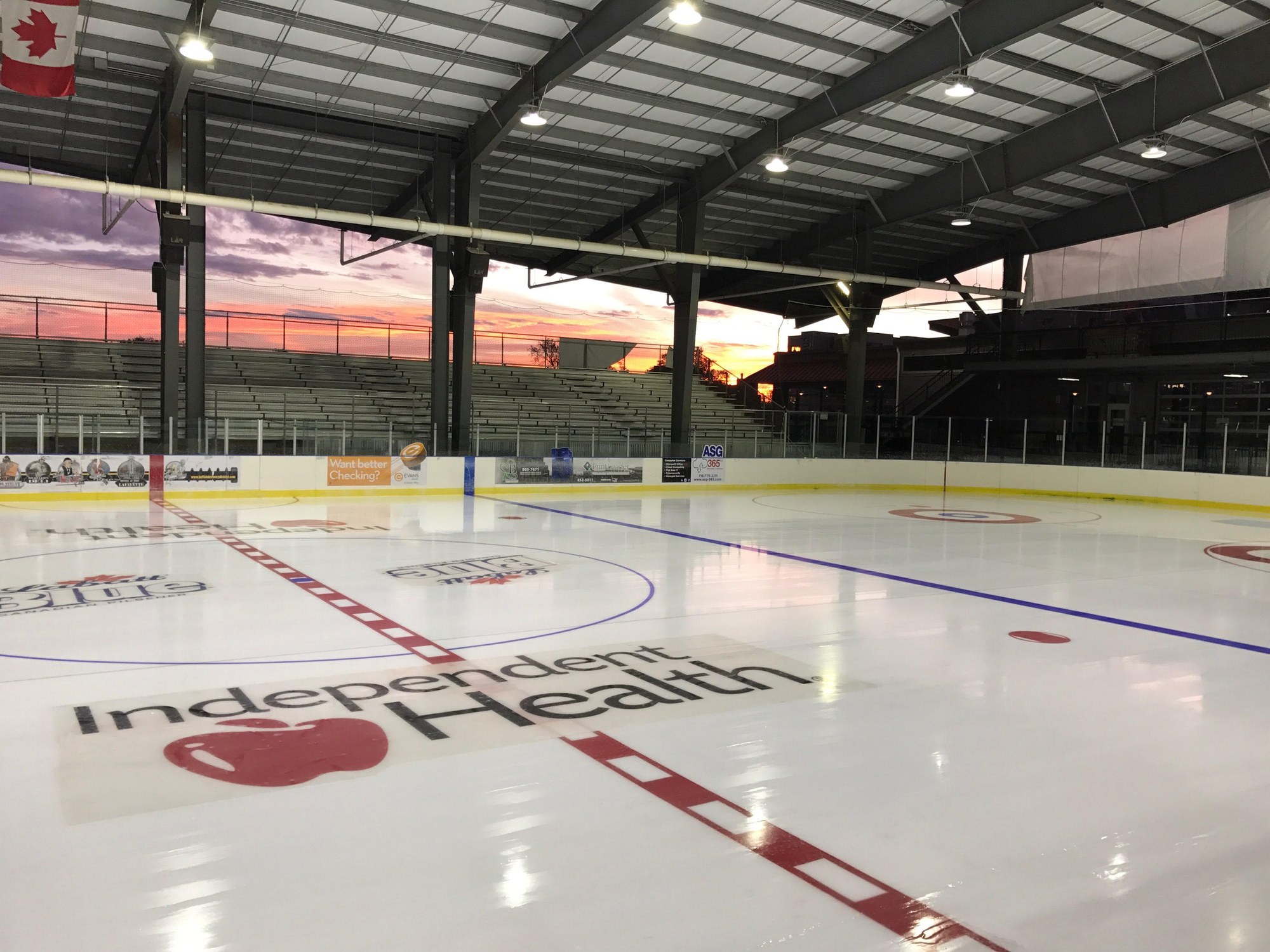 The Independent Health ice at Buffalo RiverWorks at sunset