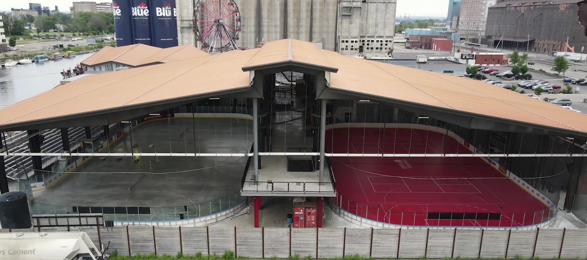 Aerial view of the two covered rinks at Buffalo RiverWorks
