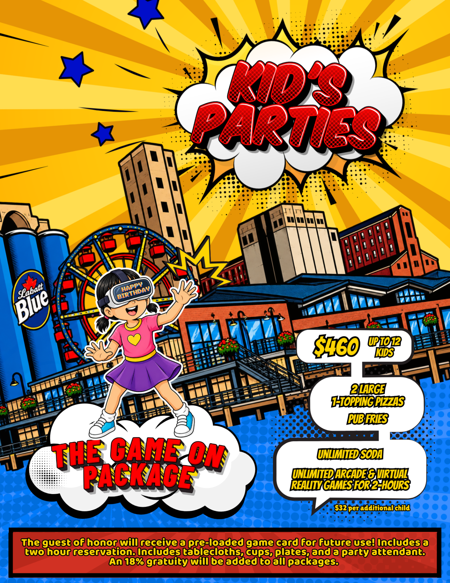 Kids Parties poster for The Game On Package: $460 for up to 12 kids with pizzas, pub fries, unlimited soda, and unlimited arcade and VR games for 2 hours